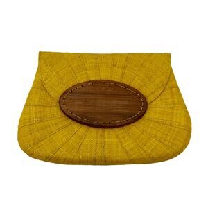 NWOT Anthropologie Mar Y Sol Straw Clutch Purse Yellow w/ Gold Thread +Wood